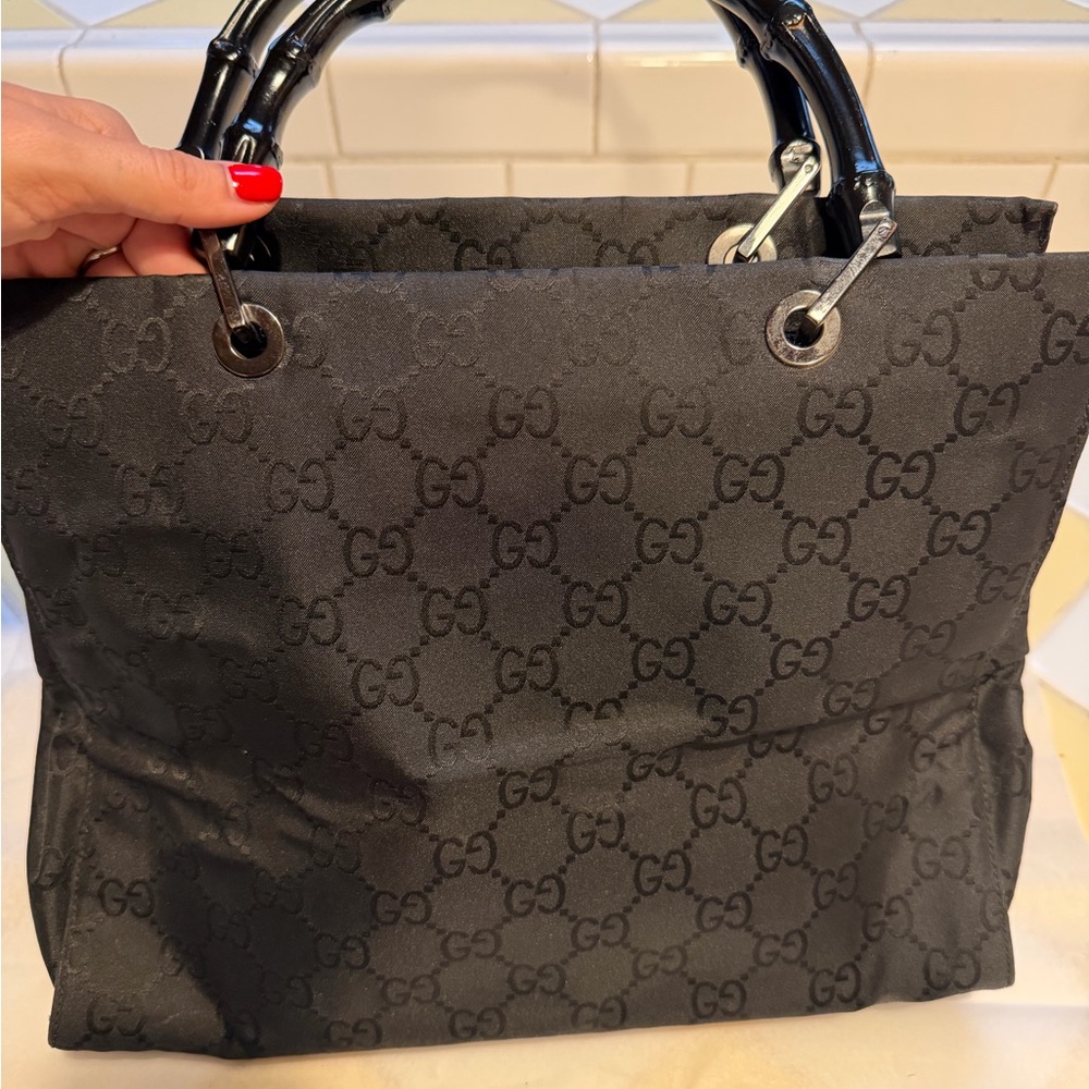 Gucci Black GG Jacquard Tote with Bamboo-Style Handles
